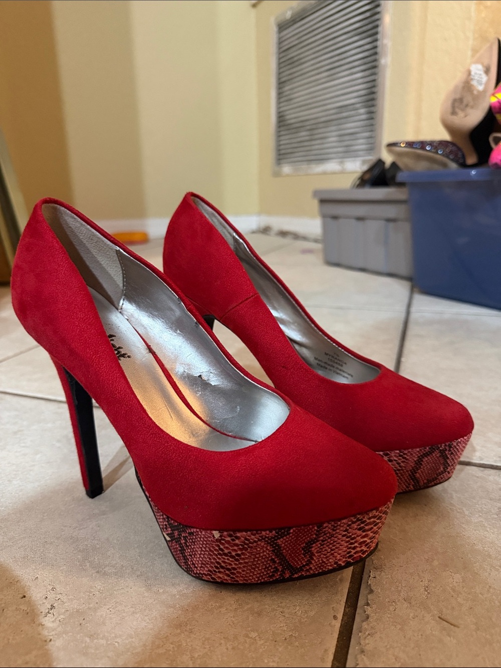 Limelight Red Suede Platform Pumps with Snakeskin Trim